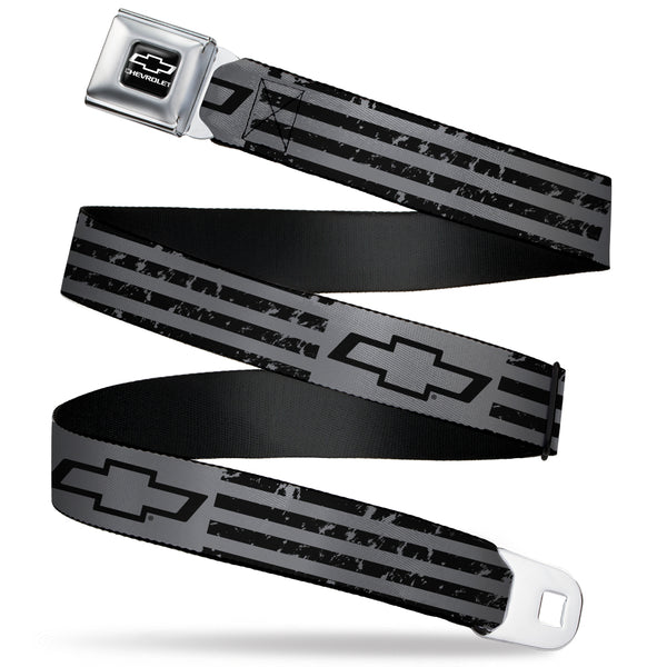 Buckle-Down Chevy Bowtie/CHEVROLET Text Full Color Black/White Seatbelt Belt - Chevrolet Bowtie Americana Stripes Weathered Gray/Black Webbing