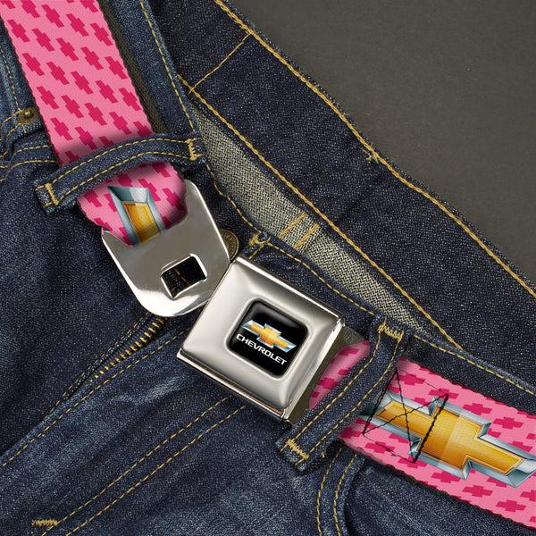 Buckle-Down Chevy Bowtie Full Color Black Gold Seatbelt Belt - Chevy Gold Bowtie W/Logo PINK Webbing
