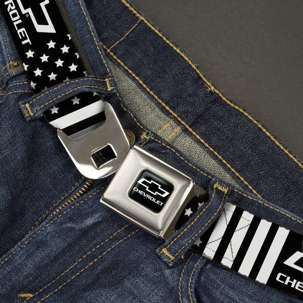 Buckle-Down Chevy Bowtie Full Color Black/White Seatbelt Belt - CHEVROLET Bowtie Americana Stars And Stripes Black/White Webbing