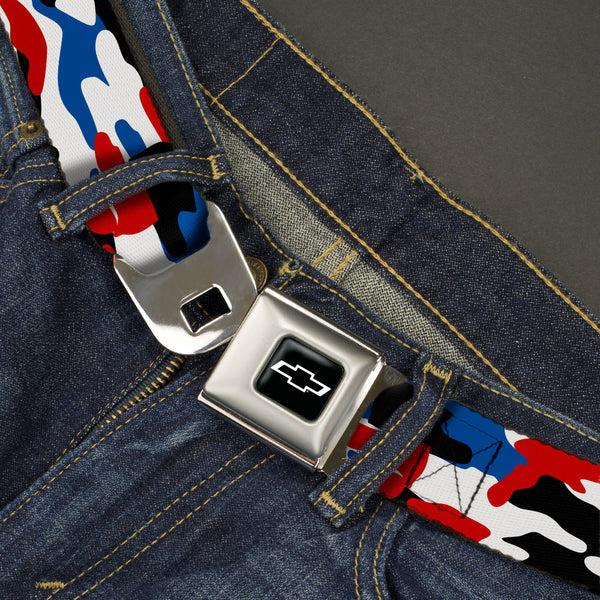 Buckle-Down Chevy Bowtie Full Color Black/White Seatbelt Belt - Chevy Americana Camo Red/White/Blue/Black Webbing
