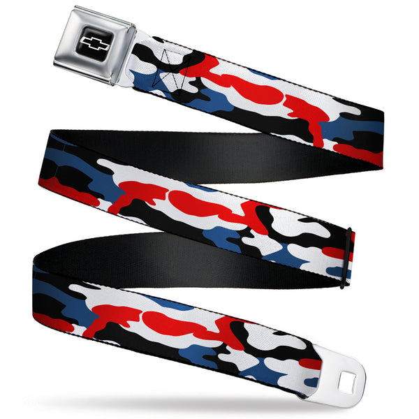 Buckle-Down Chevy Bowtie Full Color Black/White Seatbelt Belt - Chevy Americana Camo Red/White/Blue/Black Webbing