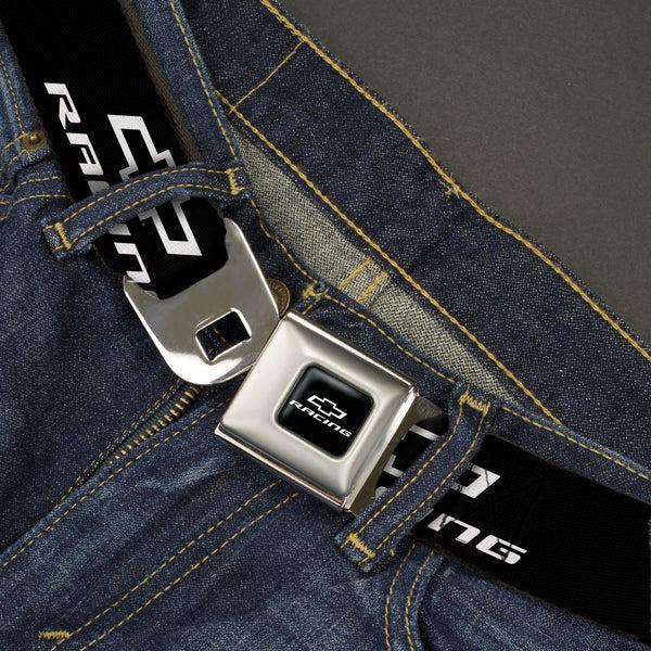 Buckle-Down Chevy Bowtie RACING Logo Full Color Black/White Seatbelt Belt - Chevy Bowtie RACING Logo Black/White Webbing