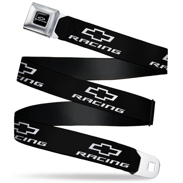 Buckle-Down Chevy Bowtie RACING Logo Full Color Black/White Seatbelt Belt - Chevy Bowtie RACING Logo Black/White Webbing