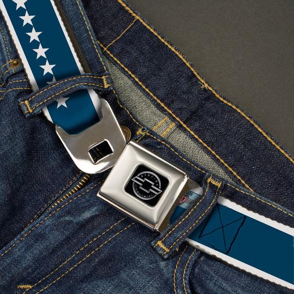 Buckle-Down Chevy Seatbelt Belt - CHEVROLET Bowtie/Stars Blue/White Webbing