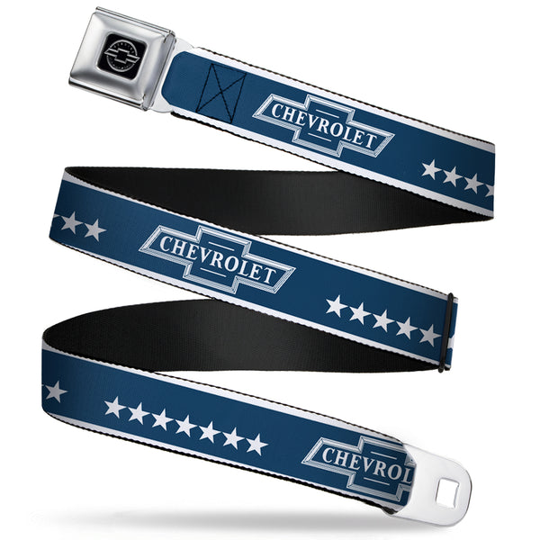Buckle-Down Chevy Seatbelt Belt - CHEVROLET Bowtie/Stars Blue/White Webbing