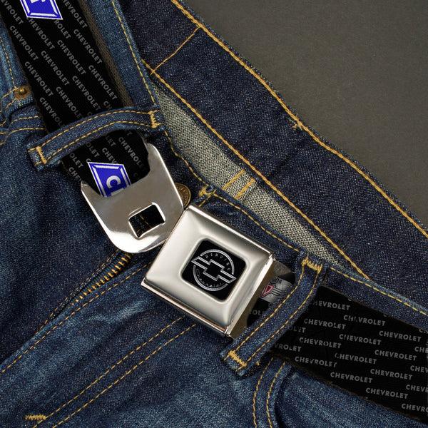 Buckle-Down Chevy Seatbelt Belt - Chevy Bowtie REPEAT W/Text Webbing