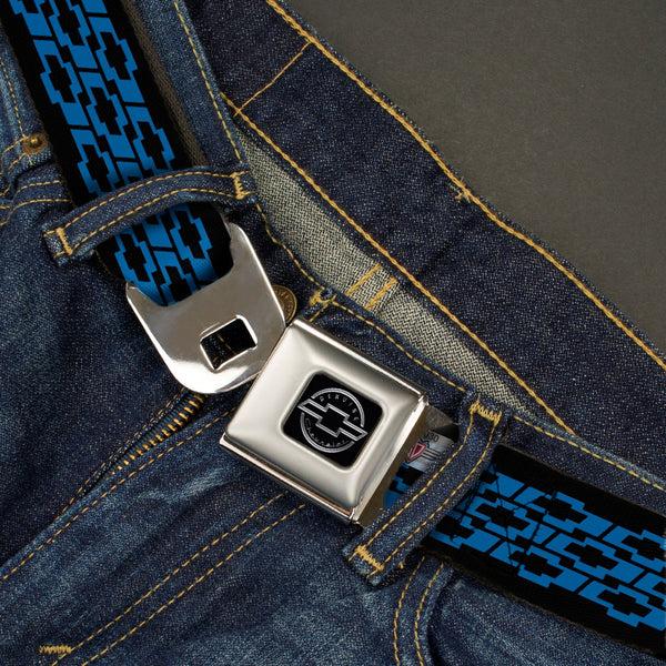 Buckle-Down Chevy Seatbelt Belt - Chevy Bowties 3-Row Black/Blue Webbing