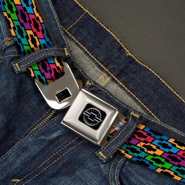 Buckle-Down Chevy Seatbelt Belt - Chevy Bowties 5-Row Black/Multi Color Webbing