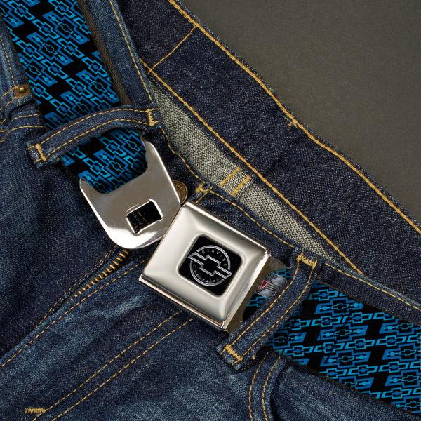 Buckle-Down Chevy Seatbelt Belt - Diagonal Retro Chevy Bowtie Monogram Black/Blues Webbing