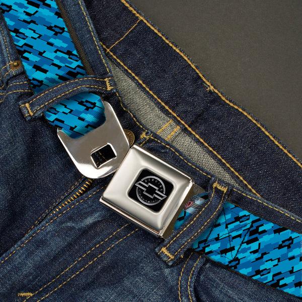 Buckle-Down Chevy Seatbelt Belt - Diagonal Retro Chevy Bowtie Stacked Black/Blues Webbing