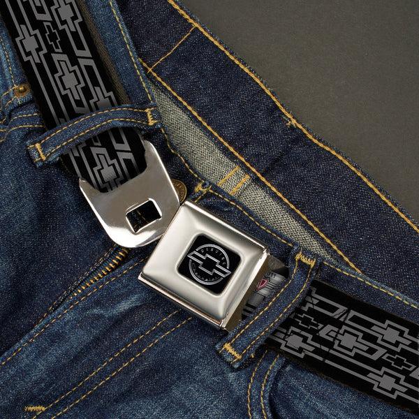 Buckle-Down Chevy Seatbelt Belt - Retro Chevy Bowtie Monogram Black/Gray Webbing