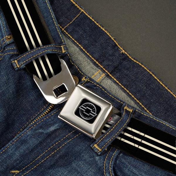Buckle-Down Chevy Seatbelt Belt - Vintage CHEVROLET Bowtie 3-Stripe Black/Ivory (1934 Logo) Webbing