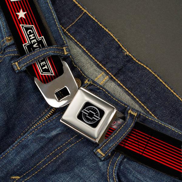 Buckle-Down Chevy Seatbelt Belt - Vintage CHEVROLET Bowtie SINCE 1911/Stars Stripe Black/Red/Ivory (1934 Logo) Webbing