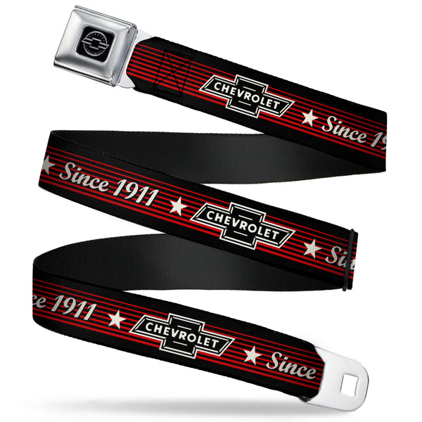 Buckle-Down Chevy Seatbelt Belt - Vintage CHEVROLET Bowtie SINCE 1911/Stars Stripe Black/Red/Ivory (1934 logo) Webbing