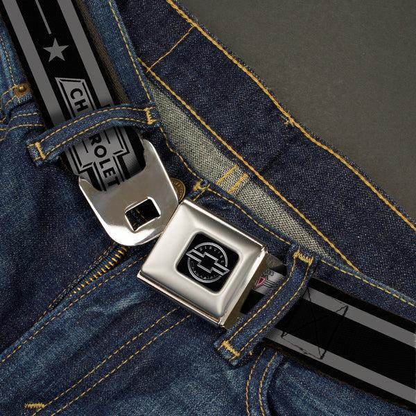 Buckle-Down Chevy Seatbelt Belt - Vintage CHEVROLET Bowtie/Stars Stripe Black/Grays (1934 Logo) Webbing
