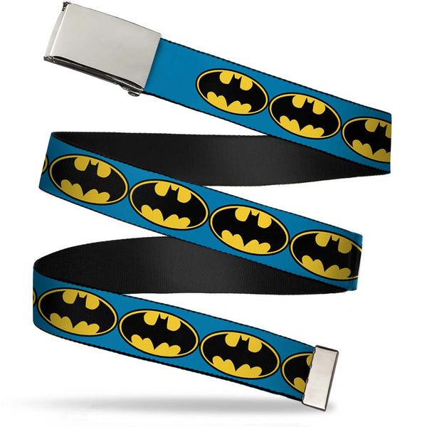 Buckle-Down Chrome Buckle Web Belt - Bat Signal-3 Blue/Black/Yellow Webbing