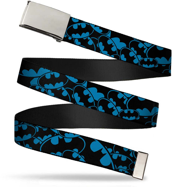 Buckle-Down Chrome Buckle Web Belt - Bat Signals Stacked Blue/Black Webbing