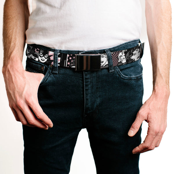 Buckle-Down Chrome Buckle Web Belt - Batgirl/Wonder Woman/Supergirl Retro Panels Black/Pink/White Webbing