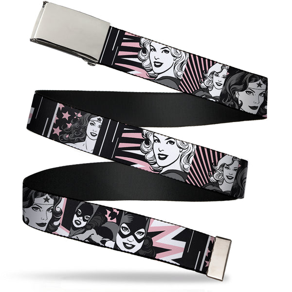 Buckle-Down Chrome Buckle Web Belt - Batgirl/Wonder Woman/Supergirl Retro Panels Black/Pink/White Webbing