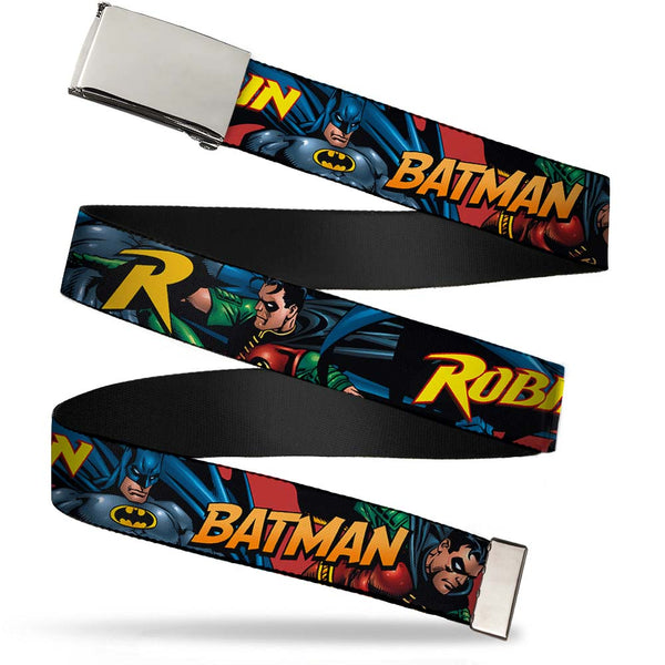 Buckle-Down Chrome Buckle Web Belt - Batman & Robin in Action w/Text Burgundy Webbing