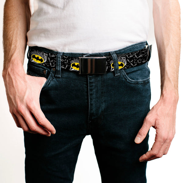 Buckle-Down Chrome Buckle Web Belt - BATMAN W/Bat Shield & Flying Bats Black/Gray Webbing