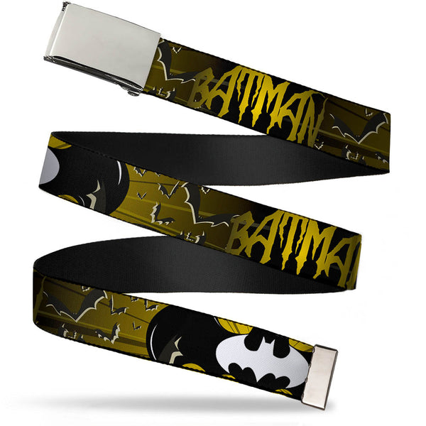 Buckle-Down Chrome Buckle Web Belt - BATMAN w/Bat Signals & Flying Bats Yellow/Black/White Webbing