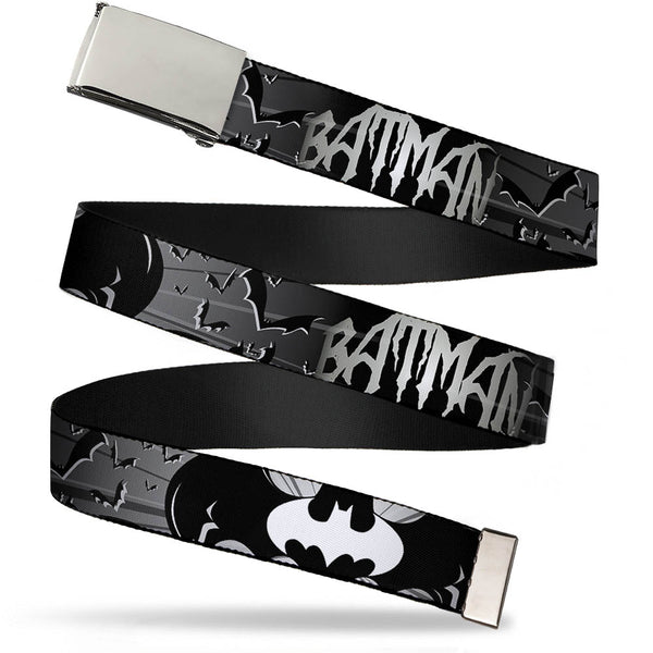 Buckle-Down Chrome Buckle Web Belt - BATMAN w/Bat Signals & Flying Bats Black/White Webbing