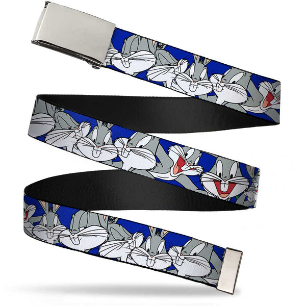 Buckle-Down Chrome Buckle Web Belt - Bugs Bunny CLOSE-UP Poses Blue Webbing