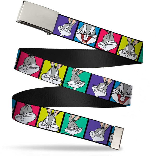 Buckle-Down Chrome Buckle Web Belt - Bugs Bunny Expression Blocks Multi Color Webbing