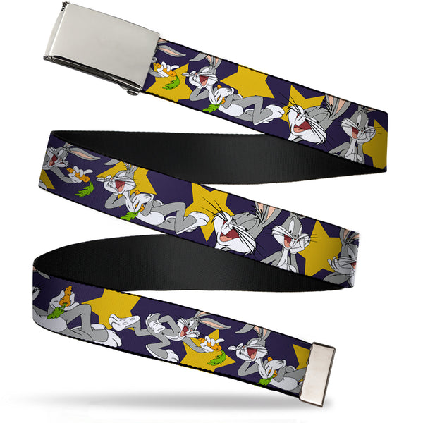 Buckle-Down Chrome Buckle Web Belt - Bugs Bunny Poses/Stars Navy Webbing