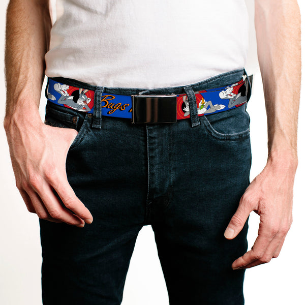 Buckle-Down Chrome Buckle Web Belt - BUGS BUNNY W/Bugs Poses Blue Webbing
