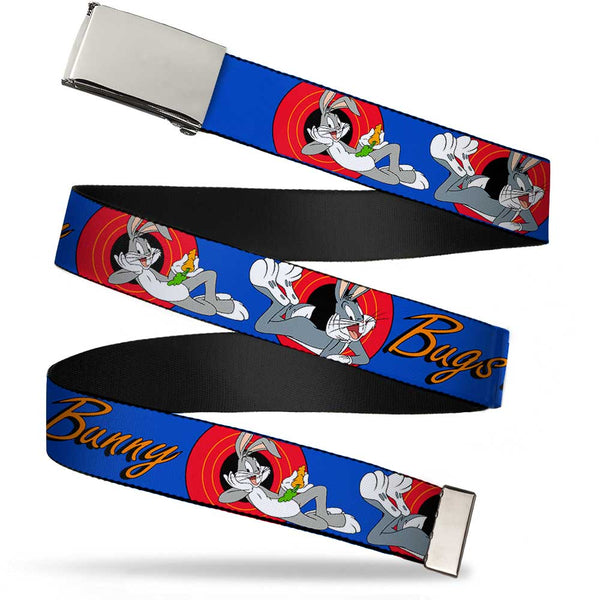 Buckle-Down Chrome Buckle Web Belt - BUGS BUNNY w/Bugs Poses Blue Webbing