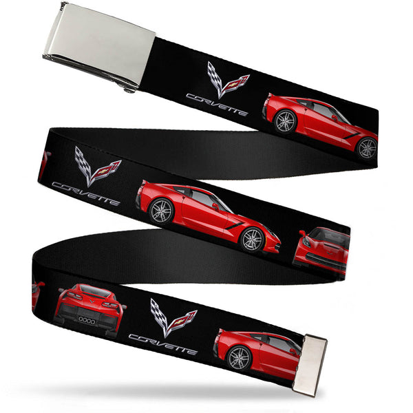 Buckle-Down Chrome Buckle Web Belt - C7 Logo/Red C7 Side/Front/Rear Views Black Webbing