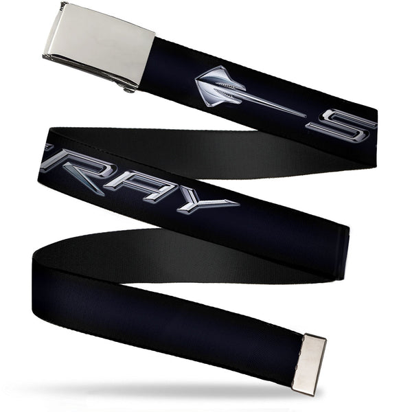 Buckle-Down Chrome Buckle Web Belt - C7 STINGRAY Logo Black/Silver Webbing