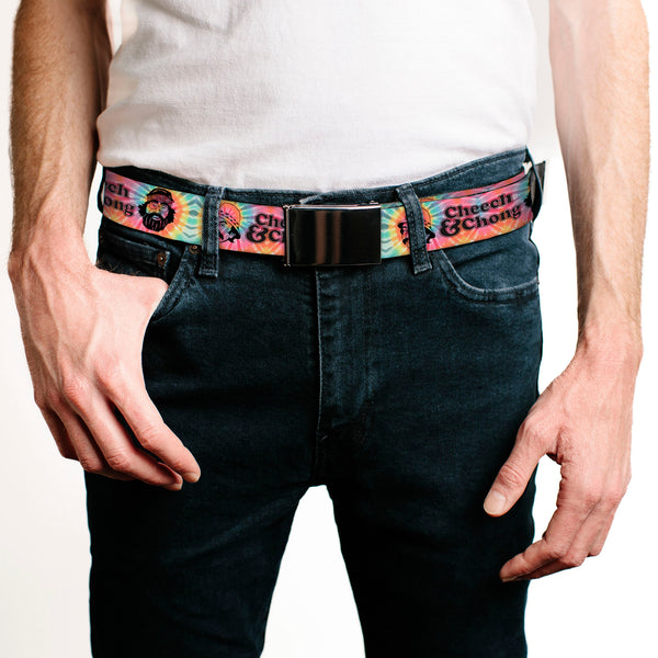 Buckle-Down Chrome Buckle Web Belt - CHEECH & CHONG Caricature Faces2 Tie Dye Multi Color/Black Webbing
