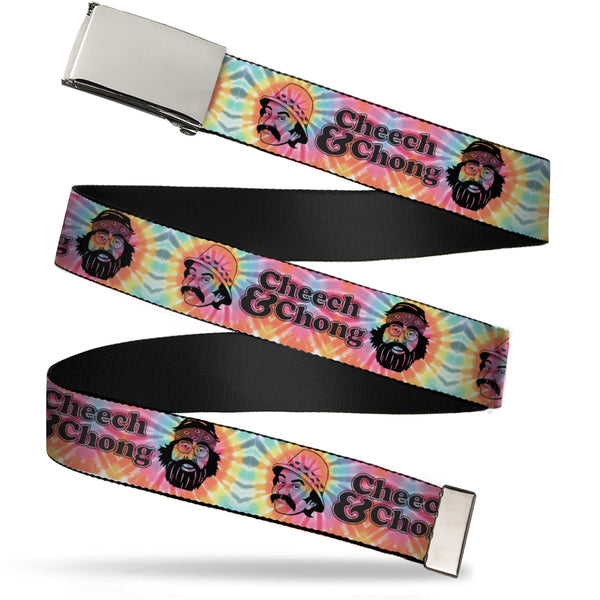 Buckle-Down Chrome Buckle Web Belt - CHEECH & CHONG Caricature Faces2 Tie Dye Multi Color/Black Webbing
