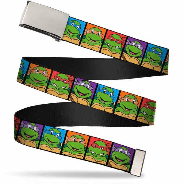 Buckle-Down Chrome Buckle Web Belt - Classic Teenage Mutant Ninja Turtles Face Blocks Black/Multi Color Webbing