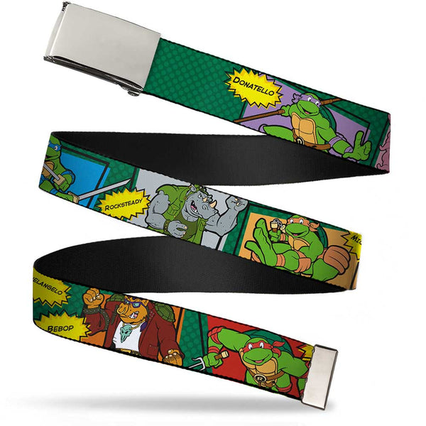 Buckle-Down Chrome Buckle Web Belt - Classic TEENAGE MUTANT NINJA TURTLES Character Comic Scenes Webbing