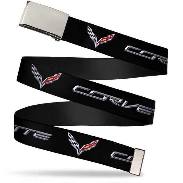 Buckle-Down Chrome Buckle Web Belt - CORVETTE/C7 Logo Black/Silver/Red Webbing