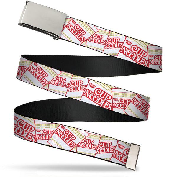Buckle-Down Chrome Buckle Web Belt - Cup Noodles Cups Stacked Collage White/Gold/Red Webbing