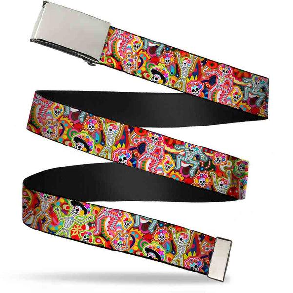 Buckle-Down Chrome Buckle Web Belt - Dancing Catrinas Collage Multi Color Webbing
