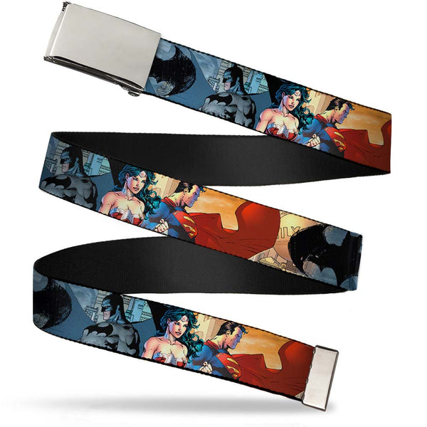 Buckle-Down Chrome Buckle Web Belt - DC Comics Trinity Group Pose/Logos Webbing