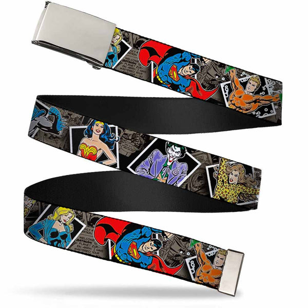 Buckle-Down Chrome Buckle Web Belt - DC Originals Vintage Comic Portraits/Comic Scenes Webbing