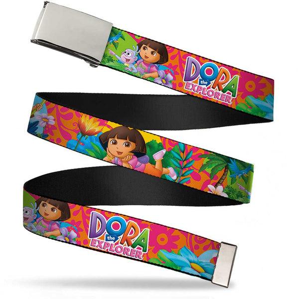 Buckle-Down Chrome Buckle Web Belt - DORA THE EXPLORER Dora Poses/Floral Collage Orange/Pink Webbing