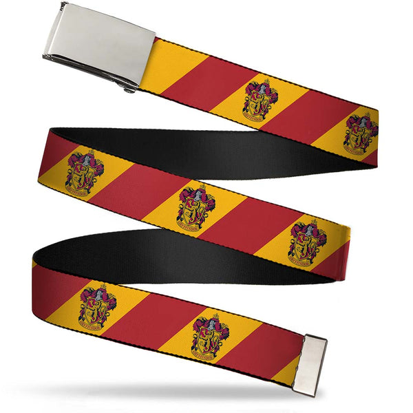 Buckle-Down Chrome Buckle Web Belt - GRYFFINDOR Crest Diagonal Stripe Gold/Red Webbing