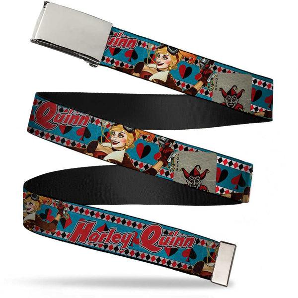 Buckle-Down Chrome Buckle Web Belt - Harley Quinn Bombshell Pin-Up Pose/Joker Card/Suits Blue/White/Red/Black Webbing