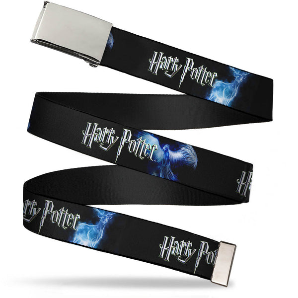 Buckle-Down Chrome Buckle Web Belt - HARRY POTTER/Animal Spirits Black/White/Blue Webbing