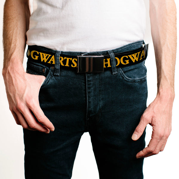 Buckle-Down Chrome Buckle Web Belt - Harry Potter HOGWARTS & Crest Black/Gold Webbing