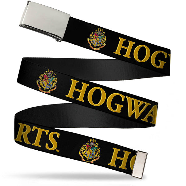 Buckle-Down Chrome Buckle Web Belt - Harry Potter HOGWARTS & Crest Black/Gold Webbing