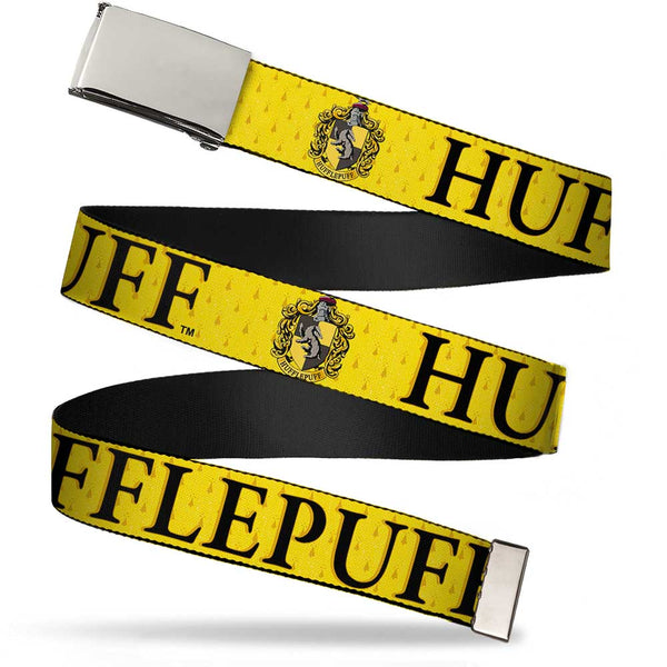 Buckle-Down Chrome Buckle Web Belt - Harry Potter HUFFLEPUFF & Crest Yellow/Black Webbing